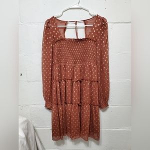 Listical Rust Rusty Orange Gold Polka Dot Sleeved Peasant Midi Dress Sz S F-144